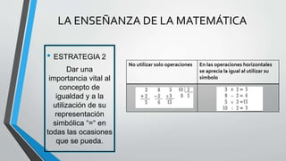 • ESTRATEGIA 2
Dar una
importancia vital al
concepto de
igualdad y a la
utilización de su
representación
simbólica “=“ en
todas las ocasiones
que se pueda.
LA ENSEÑANZA DE LA MATEMÁTICA
No utilizar solo operaciones En las operaciones horizontales
se aprecia la igual al utilizar su
símbolo
 