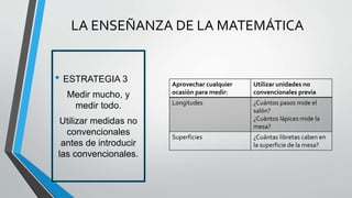 • ESTRATEGIA 3
Medir mucho, y
medir todo.
Utilizar medidas no
convencionales
antes de introducir
las convencionales.
LA ENSEÑANZA DE LA MATEMÁTICA
Aprovechar cualquier
ocasión para medir:
Utilizar unidades no
convencionales previa
Longitudes ¿Cuántos pasos mide el
salón?
¿Cuántos lápices mide la
mesa?
Superficies ¿Cuántas libretas caben en
la superficie de la mesa?
 