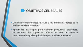 OBJETIVOS GENERALES
• Organizar conocimientos relativos a los diferentes aportes de la
didáctica de la matemática.
• Aplicar las estrategias para elaborar propuestas didácticas,
reconociendo los supuestos teóricos en que se basan y
seleccionando aquellos principios que considere adecuados.
 
