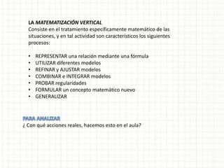 LA MATEMATIZACIÓN VERTICAL
  Consiste en el tratamiento específicamente matemático de las
  situaciones, y en tal actividad son característicos los siguientes
  procesos:

  •   REPRESENTAR una relación mediante una fórmula
  •   UTILIZAR diferentes modelos
  •   REFINAR y AJUSTAR modelos
  •   COMBINAR e INTEGRAR modelos
  •   PROBAR regularidades
  •   FORMULAR un concepto matemático nuevo
  •   GENERALIZAR




¿ Con qué acciones reales, hacemos esto en el aula?
 