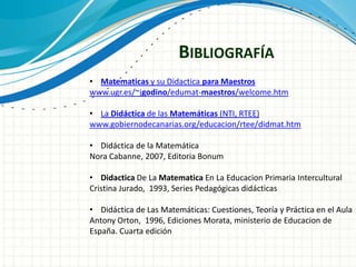 BIBLIOGRAFÍA
• Matematicas y su Didactica para Maestros
www.ugr.es/~jgodino/edumat-maestros/welcome.htm

• La Didáctica de las Matemáticas (NTI, RTEE)
www.gobiernodecanarias.org/educacion/rtee/didmat.htm

• Didáctica de la Matemática
Nora Cabanne, 2007, Editoria Bonum

• Didactica De La Matematica En La Educacion Primaria Intercultural
Cristina Jurado, 1993, Series Pedagógicas didácticas

• Didáctica de Las Matemáticas: Cuestiones, Teoría y Práctica en el Aula
Antony Orton, 1996, Ediciones Morata, ministerio de Educacion de
España. Cuarta edición
 