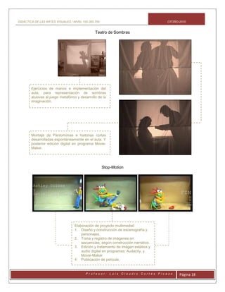 DIDÁCTICA DE LAS ARTES VISUALES / NIVEL 100-300-700 OTOÑO-2010
P r o f e s o r : L u i s C l a u d i o C o r t é s P i c a z o Página 18
Teatro de Sombras
Ejercicios de manos e implementación del
aula, para representación de sombras
alusivas al juego metafórico y desarrollo de la
imaginación.
Montaje de Pantomimas e historias cortas
desarrolladas espontáneamente en el aula. Y
posterior edición digital en programa Movie-
Maker.
Stop-Motion
Elaboración de proyecto multimedial:
1. Diseño y construcción de escenografía y
personajes.
2. Toma y registro de imágenes en
secuencias, según construcción narrativa.
3. Edición y tratamiento de imágen estática y
audio digital en programas: Audacity, y,
Movie-Maker
4. Publicación de película.
 