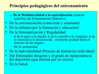 Principios pedagógicos del entrenamiento

.

De la Multilateralidad a la especialización (carácter
científico del Entrenamiento Deportivo.

• De la concienciación (consciente y constante)
• De la utilidad (por la formación y educación)
• De la Sistematización y Regularidad
– Ir de lo poco a lo mucho. Ir de lo sencillo a lo complejo. Ir de
lo conocido a lo desconocido. (Aumento gradual hasta el
máximo de las cargas)
– De la continuidad

• De la Individualidad (Proceso de formación individual)
• Del Entrenador dirigente y el grado de independencia
del deportista (que entrena por su cuenta)
• De la Salud.

 