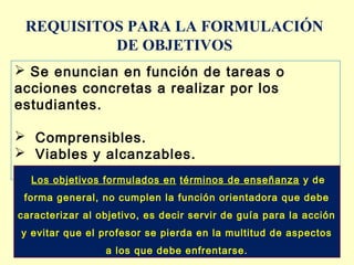 REQUISITOS PARA LA FORMULACIÓN
DE OBJETIVOS
 Se enuncian en función de tareas o
acciones concretas a realizar por los
estudiantes.
 Comprensibles.
 Viables y alcanzables.
Los objetivos formulados en términos de enseñanza y de
forma general, no cumplen la función orientadora que debe
caracterizar al objetivo, es decir servir de guía para la acción
y evitar que el profesor se pierda en la multitud de aspectos
a los que debe enfrentarse.

 