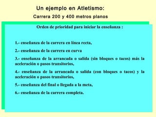 Un ejemplo en Atletismo:
Carrera 200 y 400 metros planos
Orden de prioridad para iniciar la enseñanza :

1.- enseñanza de la carrera en línea recta,
2.- enseñanza de la carrera en curva
3.- enseñanza de la arrancada o salida (sin bloques o tacos) más la
aceleración o pasos transitorios,
4.- enseñanza de la arrancada o salida (con bloques o tacos) y la
aceleración o pasos transitorios,
5.- enseñanza del final o llegada a la meta,
6.- enseñanza de la carrera completa.

 