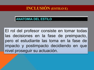 Existen diversas perspectivas que intentan dar solución a 
los problemas de la Educación Física, el problema 
consiste en que se asumen de manera independiente 
como soluciones únicas en donde compiten por un lugar 
privilegiado en el aula. No obstante, se propone desplazar 
las polarizaciones en pro de la integración y así eliminar 
los llamados “versus”; (instrucción en grupo vs 
individualización, resolución de problemas vs aprendizaje 
rutinario, etc.). Dicha fragmentación impulso el desarrollo 
de los estilos de enseñanza descritos en las próximas 
líneas. 
 