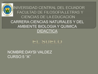 CARRERA:CIENCIAS NATURALES Y DEL
    AMBIENTE BIOLOGIA Y QUIMICA
            DIDACTICA




NOMBRE:DAYSI VALDEZ
CURSO:5 “A”
 