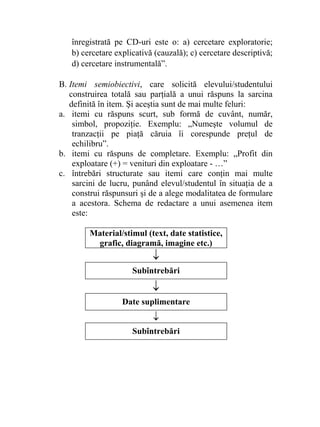 înregistrată pe CD-uri este o: a) cercetare exploratorie;
b) cercetare explicativă (cauzală); c) cercetare descriptivă;
d) cercetare instrumentală”.
B. Itemi semiobiectivi, care solicită elevului/studentului
construirea totală sau parţială a unui răspuns la sarcina
definită în item. Şi aceştia sunt de mai multe feluri:
a. itemi cu răspuns scurt, sub formă de cuvânt, număr,
simbol, propoziţie. Exemplu: „Numeşte volumul de
tranzacţii pe piaţă căruia îi corespunde preţul de
echilibru”.
b. itemi cu răspuns de completare. Exemplu: „Profit din
exploatare (+) = venituri din exploatare - …”
c. întrebări structurate sau itemi care conţin mai multe
sarcini de lucru, punând elevul/studentul în situaţia de a
construi răspunsuri şi de a alege modalitatea de formulare
a acestora. Schema de redactare a unui asemenea item
este:
Material/stimul (text, date statistice,
grafic, diagramă, imagine etc.)
↓
Subîntrebări
↓
Date suplimentare
↓
Subîntrebări
 