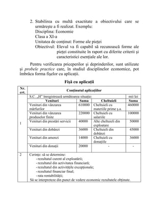 2. Stabilirea cu multă exactitate a obiectivului care se
urmăreşte a fi realizat. Exemplu:
Disciplina: Economie
Clasa a XI-a
Unitatea de conţinut: Forme ale pieţei
Obiectivul: Elevul va fi capabil să recunoască forme ale
pieţei constituite în raport cu diferite criterii şi
caracteristici esenţiale ale lor.
Pentru verificarea priceperilor şi deprinderilor, sunt utilizate
şi probele practice care, în studiul disciplinelor economice, pot
îmbrăca forma fişelor cu aplicaţii.
Fişă cu aplicaţii
Nr.
crt.
Conţinutul aplicaţiilor
S.C. „H” înregistrează următoarea situaţie: mii lei
Venituri Suma Cheltuieli Suma
Venituri din vânzarea
mărfurilor
610000 Cheltuieli cu
materiile prime ş.a.
460000
Venituri din vânzarea
produselor finite
220000 Cheltuieli cu
salariile
100000
Venituri din prestări servicii 40000 Alte cheltuieli din
exploatare
50000
Venituri din dobânzi 36000 Cheltuieli din
dobânzi
45000
Venituri din amenzi 14000 Cheltuieli cu
donaţiile
36000
1
Venituri din donaţii 20000 - -
2 Cerinţe: să se determine:
- rezultatul curent al exploatării;
- rezultatul din activitatea financiară;
- rezultatul din activităţile excepţionale;
- rezultatul financiar final;
- rata rentabilităţii;
Să se interpreteze din punct de vedere economic rezultatele obţinute.
 
