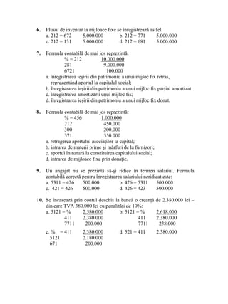 6. Plusul de inventar la mijloace fixe se înregistrează astfel:
a. 212 = 672 5.000.000 b. 212 = 771 5.000.000
c. 212 = 131 5.000.000 d. 212 = 681 5.000.000
7. Formula contabilă de mai jos reprezintă:
% = 212 10.000.000
281 9.000.000
6721 100.000
a. înregistrarea ieşirii din patrimoniu a unui mijloc fix retras,
reprezentând aportul la capitalul social;
b. înregistrarea ieşirii din patrimoniu a unui mijloc fix parţial amortizat;
c. înregistrarea amortizării unui mijloc fix;
d. înregistrarea ieşirii din patrimoniu a unui mijloc fix donat.
8. Formula contabilă de mai jos reprezintă:
% = 456 1.000.000
212 450.000
300 200.000
371 350.000
a. retragerea aportului asociaţilor la capital;
b. intrarea de materii prime şi mărfuri de la furnizori;
c. aportul în natură la constituirea capitalului social;
d. intrarea de mijloace fixe prin donaţie.
9. Un angajat nu se prezintă să-şi ridice în termen salariul. Formula
contabilă corectă pentru înregistrarea salariului neridicat este:
a. 5311 = 426 500.000 b. 426 = 5311 500.000
c. 421 = 426 500.000 d. 426 = 423 500.000
10. Se încasează prin contul deschis la bancă o creanţă de 2.380.000 lei –
din care TVA 380.000 lei cu penalităţi de 10%:
a. 5121 = % 2.580.000 b. 5121 = % 2.618.000
411 2.380.000 411 2.380.000
7711 200.000 7711 238.000
c. % = 411 2.380.000 d. 521 = 411 2.380.000
5121 2.180.000
671 200.000
 