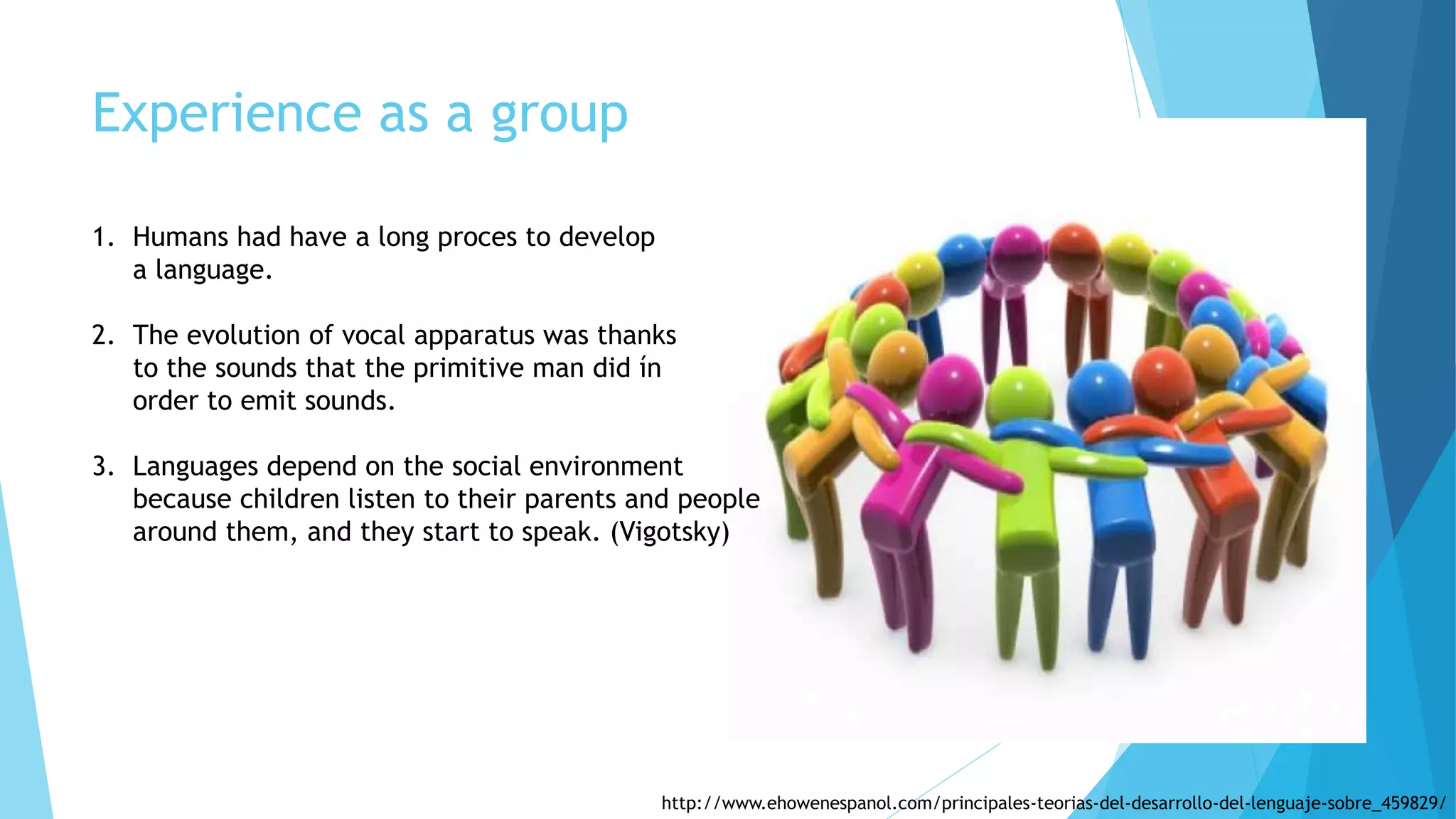 Experience as a group
1. Humans had have a long proces to develop
a language.
2. The evolution of vocal apparatus was thanks
to the sounds that the primitive man did ín
order to emit sounds.
3. Languages depend on the social environment
because children listen to their parents and people
around them, and they start to speak. (Vigotsky)
http://www.ehowenespanol.com/principales-teorias-del-desarrollo-del-lenguaje-sobre_459829/
 