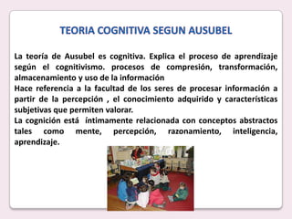 La teoría de Ausubel es cognitiva. Explica el proceso de aprendizaje
según el cognitivismo. procesos de compresión, transformación,
almacenamiento y uso de la información
Hace referencia a la facultad de los seres de procesar información a
partir de la percepción , el conocimiento adquirido y características
subjetivas que permiten valorar.
La cognición está íntimamente relacionada con conceptos abstractos
tales como mente, percepción, razonamiento, inteligencia,
aprendizaje.
 