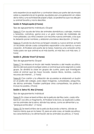 7
esta experiencia se explicitan y contrastan ideas por parte del alumnado
sobre su experiencia en la granja, ayudados por una grabación en video
de la visita y una actividad de papel y lápiz. Le pediremos que nos dibujen
su animal favorito y nos lo describa.
Sesión 4: Pelopicopata (2 horas)
Tipo de agrupamiento: Individual y Grupal
Tarea 5: Con ayuda de fotos de animales domésticos y salvajes, marinos
y terrestres, cartulinas, goma eva y un gran número de materiales de
manualidades. Los niños crearan con recortes nuevos animales, a los que
le deberán poner nombres, y elaborar una breve descripción. (1 hora)
Tarea 6: Cuando los alumnos ya tengan creado su nuevo animal, se hará
un recorrido dónde cada compañero expondrán a los demás su nueva
creación. Al finalizar esta parte de la tarea, haremos una votación entre
todos para ver que animal es el más bonito, el más feo o el más raro. (1
hora)
Sesión 5: ¿Dónde Viven? (2 horas)
Tipo de agrupamiento: Grupal
Tarea 7: Se elabora el rincón del medio terrestre o del medio acuático,
dentro del aula para investigar sobre un animal que se le asignará a cada
grupo. Se dividirá la clase en grupos de cuatro, para que investiguen
sobre el animal que les haya tocado. Usaran libros, revistas, cuentos,
recursos de internet… (1 hora)
Tarea 8: Con cartón y la utilización de acuarelas se elaborará un buzón
en el pasillo del colegio, para dejar imágenes, curiosidades, preguntas,
de dichos animales. Pueden participar otros compañeros, los profes e
incluso los padres. (1hora)
Sesión 6: Selva VS. Mar (2 horas)
Tipo de agrupamiento: Individual
Tarea 9: En clase se leerá el libro de la película del Rey León, cada niño
leerá en voz alta un fragmento. Al finalizar la lectura, se explicará cuáles
son los animales de la selva, dónde hay selvas, como se alimentan y su
“jerarquía entre ellos”. (1 hora)
Tarea 10: Se leerá el libro de la película Buscando a Nemo, dónde se
hará lo mismo que en la tarea 10, pero en este caso, el medio acuático;
las características y la alimentación de los animales acuáticos. (1 hora)
 