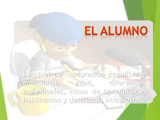 su nivel de maduración cognitiva y 
emocional, edad, diferencias 
individuales, ritmo de aprendizaje, 
habilidades y destrezas, entre otras. 
 