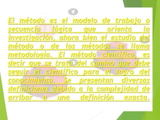 El método es el modelo de trabajo o 
secuencia lógica que orienta la 
investigación, ahora bien el estudio del 
método o de los métodos se llama 
metodología. El método científico, es 
decir que se trata del camino que debe 
seguir el científico para el logro del 
conocimiento. Se presentan diversas 
definiciones debido a la complejidad de 
arribar a una definición exacta. 
 