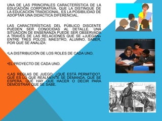 UNA DE LAS PRINCIPALES CARACTERÍSTICA DE LA
EDUCACIÓN CORPORATIVA, QUE LA DISTINGUE DE
LA EDUCACIÓN TRADICIONAL, ES LA POSIBILIDAD DE
ADOPTAR UNA DIDÁCTICA DIFERENCIAL.
LAS CARACTERÍSTICAS DEL PÚBLICO DISCENTE
PUEDEN SER CONOCIDAS AL DETALLE. UNA
SITUACIÓN DE ENSEÑANZA PUEDE SER OBSERVADA
A TRAVÉS DE LAS RELACIONES QUE SE «JUEGAN»
ENTRE TRES POLOS: MAESTRO, ALUMNO, SABER,
POR QUE SE ANALIZA:
•LA DISTRIBUCIÓN DE LOS ROLES DE CADA UNO.
•EL PROYECTO DE CADA UNO.
•LAS REGLAS DE JUEGO: ¿QUÉ ESTÁ PERMITIDO?,
QUÉ ES LO QUE REALMENTE SE DEMANDA, QUÉ SE
ESPERA, QUÉ HAY QUE HACER O DECIR PARA
DEMOSTRAR QUE SE SABE.
 