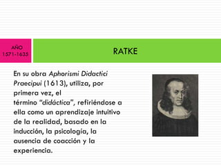 AÑO
1571-1635                          RATKE

   En su obra Aphorismi Didactici
   Praecipui (1613), utiliza, por
   primera vez, el
   término “didáctica”, refiriéndose a
   ella como un aprendizaje intuitivo
   de la realidad, basado en la
   inducción, la psicología, la
   ausencia de coacción y la
   experiencia.
 