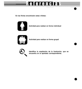 En las fichas encontrarán estas viñetas:
Actividad para realizar en forma individual
Actividad para realizar en forma grupal
Identifica la ampliación de la ilustración, que se
encuentra en el apartado correspondiente.
 