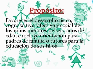 Propósito:
Favorecer el desarrollo físico,
cognoscitivo, afectivo y social de
los niños menores de seis años de
edad e incluye orientación para
padres de familia o tutores para la
educación de sus hijos
 