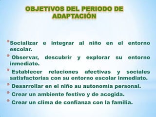 OBJETIVOS DEL PERIODO DE
            ADAPTACIÓN



*Socializar    e integrar al niño en el entorno
 escolar.
* Observar,    descubrir   y   explorar   su   entorno
 inmediato.
* Establecer   relaciones afectivas y sociales
 satisfactorias con su entorno escolar inmediato.
* Desarrollar en el niño su autonomía personal.
* Crear un ambiente festivo y de acogida.
* Crear un clima de confianza con la familia.
 