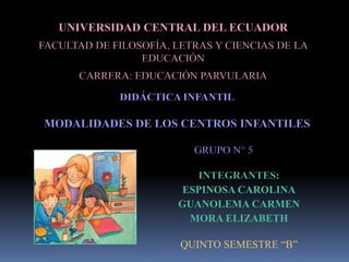 UNIVERSIDAD CENTRAL DEL ECUADOR
FACULTAD DE FILOSOFÍA, LETRAS Y CIENCIAS DE LA
                 EDUCACIÓN
      CARRERA: EDUCACIÓN PARVULARIA

             DIDÁCTICA INFANTIL

MODALIDADES DE LOS CENTROS INFANTILES

                          GRUPO N° 5

                          INTEGRANTES:
                       ESPINOSA CAROLINA
                       GUANOLEMA CARMEN
                        MORA ELIZABETH

                        QUINTO SEMESTRE “B”
 