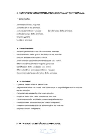 2
4. CONTENIDOS CONCEPTUALES, PROCEDIMENTALES Y ACTITUDINALES.
 Conceptuales:
- Animales ovíparos y vivíparos.
- Alimentación de los animales.
- animales domésticos y salvajes - Características de los animales.
- partes del cuerpo de los animales.
- Limpieza y grafía
- Sonido de animales
 Procedimentales:
- Aprendizaje del vocabulario básico sobre los animales.
- Reconocimiento de las partes del cuerpo de los animales.
- Relación de cada animal con su hábitat.
- Afianzación de los colores característicos de cada animal.
- Diferenciación los animales vivíparos y ovíparos
- Identificación de los sonidos de cada animal
- Diferenciación de animales domésticos y salvajes
- Conocimiento de las características de los animales
 Actitudinales:
- Expresión de sentimientos y emociones.
- Adquisición hábitos y actitudes relacionados con su seguridad personal en relación
con los animales.
- Curiosidad por conocer los diferentes animales.
- Respeto al medio físico y a los animales que viven en él.
- Entusiasmo ante las actividades propuestas por la maestra.
- Participación en las actividades con una actitud positiva.
- Fomentación el interés sobre el aprendizaje de los animales.
- Respeto hacia los compañeros
5. ACTIVIDADES DE ENSEÑANZA-APRENDIZAJE.
 