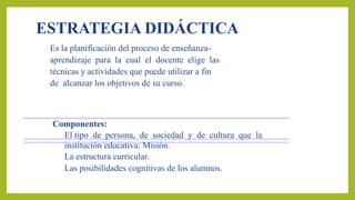 ESTRATEGIA DIDÁCTICA
Es la planificación del proceso de enseñanza-
aprendizaje para la cual el docente elige las
técnicas y actividades que puede utilizar a fin
de alcanzar los objetivos de su curso.
Componentes:
El tipo de persona, de sociedad y de cultura que la
institución educativa: Misión.
La estructura curricular.
Las posibilidades cognitivas de los alumnos.
 
