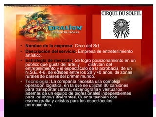 Nombre de la empresa :  Circo del Sol. Descripción del servicio :  Empresa de entretenimiento artístico. Estrategia de mercado :  Se logro posicionamiento en un público que gusta del arte, y  disfrutan del entretenimiento y el espectáculo de la acrobacia, de un N.S.E. 4-6, de edades entre los 28 y 40 años, de zonas rurales de países del primer mundo. Tecnología :  La compañía necesita una compleja operación logística, en la que se utilizan 80 camiones para transportar carpas, escenografia y vestuarios, además de un equipo de profesionales independientes para los shows itinerantes. Cuenta también con escenografia y artistas para los espectáculos permanentes.  