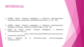 REFERENCIAS
 ZUBIRÍA, Miguel. Enfoques pedagógicos y didácticas contemporáneas:
Enseñanza para la comprensión. Alida María Acosta Ortiz, p. 231 - 265.
 ZUBIRÍA, Miguel. Enfoques pedagógicos y didácticas contemporáneas:
Pedagogía conceptual. Alejandro de Zubiría Ragó, p. 269 – 296
 Miguel de Zubiría Samper. Enfoques pedagógicos y didácticas
contemporáneas. Pag.231.
 http://Informatica/datos%20articulo/ensenanza-para-
comprension.shtml#ense
 http:// Didáctica de la Informática/datos articulo/pedagogia-
conceptual.shtml
 