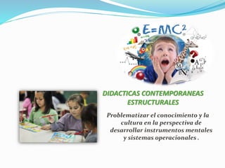 DIDACTICAS CONTEMPORANEAS
ESTRUCTURALES
Problematizar el conocimiento y la
cultura en la perspectiva de
desarrollar instrumentos mentales
y sistemas operacionales .
 