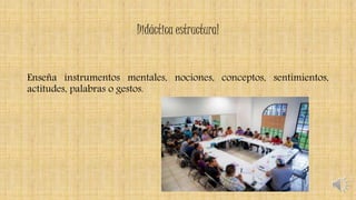 Didáctica estructural
Enseña instrumentos mentales, nociones, conceptos, sentimientos,
actitudes, palabras o gestos.
 