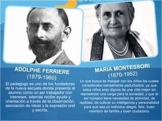 El pedagogo es uno de los fundadores 
de la nueva escuela donde presenta al 
alumno como un ser trabajador con 
intereses, además recibe ayuda y 
orientación a través de la observación, 
asociación de ideas y la expresión oral 
y escrita. 
Lo que busca es trabajar con los niños los cuales 
consideraba mentalmente perturbados, ya que 
estos niños eran dignos de una vida mejor sin 
representar una carga para la sociedad, y que el 
ser humano tiene necesidad de actividad, de 
realidad, de cultivar su inteligencia y personalidad 
para que sea un individuo alegre, feliz, buen 
miembro de familia y buen ciudadano. 
 