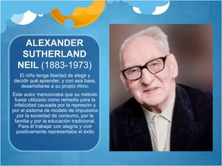 ALEXANDER 
SUTHERLAND 
NEIL (1883-1973) 
El niño tenga libertad de elegir y 
decidir qué aprender, y con esa base, 
desarrollarse a su propio ritmo. 
Este autor mencionaba que su método 
fuese utilizado como remedio para la 
infelicidad causada por la represión y 
por el sistema de modelo de impuestos 
por la sociedad de consumo, por la 
familia y por la educación tradicional. 
Para él trabajar con alegría y vivir 
positivamente representaba el éxito 
 