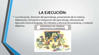 LA EJECUCIÓN:
• La motivación, dirección del aprendizaje, presentación de la materia,
elaboración, formación e integración del aprendizaje, elementos de
ejecución como el lenguaje, los métodos y técnicas de enseñanza, y material
didáctico.
 
