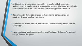 • Análisis de los programas en extensión y en profundidad, y su ajuste
teniendo en cuenta el contexto, la población, las necesidades de aprendizaje
y sus intencionalidades, propósitos de formación y perfiles deseados.
• Determinación de los objetivos de cada disciplina, considerando los
objetivos de cada nivel de enseñanza.
• Estudio de los planes de clase adecuados a cada disciplina y a cada fase del
aprendizaje.
• Investigación de medios para resolver las dificultades de la enseñanza en el
campo de cada disciplina.
 
