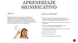¿Qué es? ¿Cómo se desarrolla? 
 Tener en cuenta los conocimientos previos ya que el 
aspecto central de la significatividad es la conexión entre 
los nuevos contenidos y los conocimientos previos. 
 Proporcionar actividades que logren despertar el interés 
del alumno. 
 Crear un clima armónico donde el alumno sienta 
confianza hacia el docente, seguridad. 
 Proporcionar actividades que permitan al alumno opinar, 
intercambiar ideas y debatir. 
 Explicar mediante ejemplos. 
 Guiar el proceso cognitivo. 
 Crear un aprendizaje situado cognitivo. 
Ausubel plantea que el aprendizaje del alumno 
depende de la estructura cognitiva previa que se 
relaciona con la nueva información, debe entenderse 
por "estructura cognitiva", al conjunto de conceptos, 
ideas que un individuo posee en un determinado campo 
del conocimiento, así como su organización. 
 