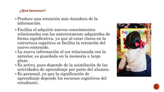  Produce una retención más duradera de la 
información. 
 Facilita el adquirir nuevos conocimientos 
relacionados con los anteriormente adquiridos de 
forma significativa, ya que al estar claros en la 
estructura cognitiva se facilita la retención del 
nuevo contenido. 
 La nueva información al ser relacionada con la 
anterior, es guardada en la memoria a largo 
plazo. 
 Es activo, pues depende de la asimilación de las 
actividades de aprendizaje por parte del alumno. 
 Es personal, ya que la significación de 
aprendizaje depende los recursos cognitivos del 
estudiante. 
 