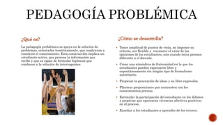 PEDAGOGÍA PROBLÉMICA 
¿Qué es? ¿Cómo se desarrolla? 
La pedagogía problémica se apoya en la solución de 
problemas, orientados temáticamente, que coadyuvan a 
construir el conocimiento. Esta construcción implica un 
estudiante activo, que procesa la información que 
recibe y que es capaz de formular hipótesis que 
conducen a la solución de interrogantes. 
 Tener amplitud de puntos de vista, no imponer su 
criterio, ser flexible y reconocer el valor de las 
opiniones de los estudiantes, aún cuando éstos piensen 
diferente a el docente. 
 Crear una atmósfera de fraternidad en la que los 
estudiantes puedan expresarse libre y 
espontáneamente sin ningún tipo de formalismo 
autoritario. 
 Propiciar la generación de ideas y su libre expresión. 
 Plantear proposiciones que contrasten con los 
conocimientos previos. 
 Estimular la participación del estudiante en los debates 
y propiciar que aparezcan vivencias afectivas positivas 
en el proceso. 
 Enseñar a los estudiantes a aprender de los errores. 
 