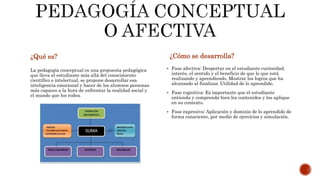 ¿Qué es? ¿Cómo se desarrolla? 
La pedagogía conceptual es una propuesta pedagógica 
que lleva al estudiante más allá del conocimiento 
científico e intelectual, se propone desarrollar esa 
inteligencia emocional y hacer de los alumnos personas 
más capaces a la hora de enfrentar la realidad social y 
el mundo que los rodea. 
 Fase afectiva: Despertar en el estudiante curiosidad, 
interés, el sentido y el beneficio de que lo que está 
realizando y aprendiendo. Mostrar los logros que ha 
alcanzado al finalizar. Utilidad de lo aprendido. 
 Fase cognitiva: Es importante que el estudiante 
entienda y comprenda bien los contenidos y los aplique 
en su contexto. 
 Fase expresiva: Aplicación y dominio de lo aprendido de 
forma consciente, por medio de ejercicios y simulación. 
 