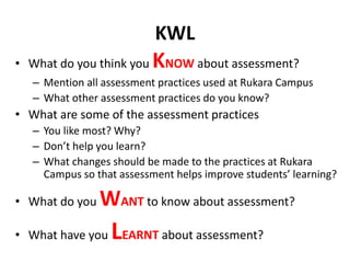 KWL
• What do you think you KNOW about assessment?
– Mention all assessment practices used at Rukara Campus
– What other assessment practices do you know?
• What are some of the assessment practices
– You like most? Why?
– Don’t help you learn?
– What changes should be made to the practices at Rukara
Campus so that assessment helps improve students’ learning?
• What do you WANT to know about assessment?
• What have you LEARNT about assessment?
 