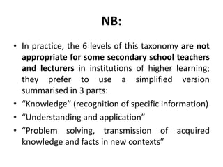 NB:
• In practice, the 6 levels of this taxonomy are not
appropriate for some secondary school teachers
and lecturers in institutions of higher learning;
they prefer to use a simplified version
summarised in 3 parts:
• “Knowledge” (recognition of specific information)
• “Understanding and application”
• “Problem solving, transmission of acquired
knowledge and facts in new contexts”
 