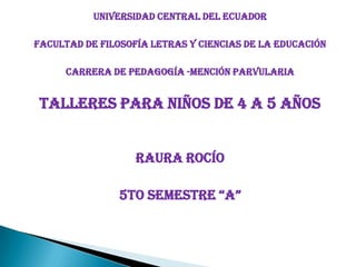UNIVERSIDAD CENTRAL DEL ECUADOR

FACULTAD DE FILOSOFÍA LETRAS Y CIENCIAS DE LA EDUCACIÓN

     CARRERA DE PEDAGOGÍA -MENCIÓN PARVULARIA


 TALLERES PARA NIÑOS DE 4 A 5 AÑOS


                   RAURA ROCÍO

                5to semestre “a”
 