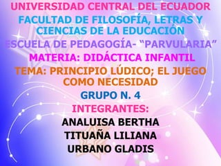 UNIVERSIDAD CENTRAL DEL ECUADOR
FACULTAD DE FILOSOFÍA, LETRAS Y
CIENCIAS DE LA EDUCACIÓN
ESCUELA DE PEDAGOGÍA- “PARVULARIA”
MATERIA: DIDÁCTICA INFANTIL
TEMA: PRINCIPIO LÚDICO; EL JUEGO
COMO NECESIDAD
GRUPO N. 4
INTEGRANTES:
ANALUISA BERTHA
TITUAÑA LILIANA
URBANO GLADIS
 