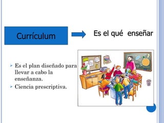 Es el plan diseñado para llevar a cabo la enseñanza. Ciencia prescriptiva. Currículum Es el qué  enseñar 