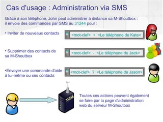 Grâce à son téléphone, John peut administrer à distance sa M-Shoutbox :  il envoie des commandes par SMS au  31244  pour : Inviter de nouveaux contacts Supprimer des contacts de sa M-Shoutbox Envoyer une commande d'aide  à lui-même ou ses contacts Cas d'usage : Administration via SMS Toutes ces actions peuvent également se faire par la page d'administration web du serveur M-Shoutbox 31244 <mot-clef>  +  <Le téléphone de Kate> <mot-clef>  -  <Le téléphone de Jack> <mot-clef>  ?  <Le téléphone de Jason> 