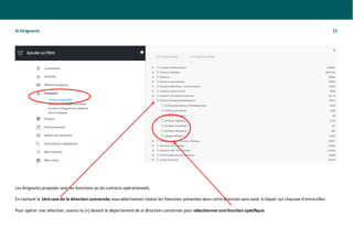 4) Dirigeants 11
Les dirigeants proposés sont les fonctions ou les contacts opérationnels.
En cochant la 1èrecasede la direction concernée,voussélectionnez toutes les fonctions présentes dans cettedirection sans avoir à cliquer sur chacune d’entreelles.
Pour opérer une sélection, ouvrez-le [+] devant le département de la direction concernée pour sélectionnerunefonction spécifique.
 