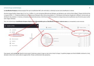 b) RechercheparactivitéKompass 9
La classification Kompass est beaucoupplus fine que la classification NAF, elle rentredans un détailqu’aucune autreclassification ne donne.
Derrièrechaque famille, chaque code à 2 ou 5 ou 7 chiffres, il y a une entrepriseréférencée qui fabrique, qui distribue ou qui rend le service indiqué. Chaque activitéest liée
à un genreP/D/S : P = Producteurs/fabricants (entreprises qui fabriquent elles-mêmes des produits). D = Distributeurs (entreprises chargéesde la diffusion commerciale, qui
distribuent des produits). S = Services, entreprises prestatairesdeservices. Cettefonction P/D/S est présenteà chaqueniveau de la classification sous forme de casesà cocher
(voir imageci-dessous).
Pour une recherchepar classification Kompass cliquez surlecritèreActivités puis sur Classification Kompass. Cocher lescasesqui correspondentà votrerecherche.
Vous pouvez saisir un mot-clé. Quand le terme exact n’existe pas, pensez à taper un seul mot et lancer la loupe. Le système propose une liste de libellés contenant ce mot,
déroulez la liste, lire et cocher selon les opportunités. Pensez au dictionnaire des synonymes,
 