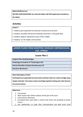 28
Materials/Resources:
WE DO2 LEGO EDUCATION set, Android tablets, WE DO2 application installed on
the tablet.
Activities
Lesson 1
1. Students get assignments for particular mechanisms to be built.
2. Students assemble mechanisms following instructions in the guide book.
3. Students program operational cycles of their models.
4. Students run the models and test them.
LESSON PLANS FROM DIMOTIKO SCHOLEIO CHRYSELEOUSAS
K.B’, CYPRUS
Lesson Plan 1
Subject/Title: Building Bridges
Grade/age of students: 4th Grade (Age 9-10)
School: Dimotiko Scholeio Chryseleousas K.B’
Duration: 80 minutes
Short Description of Unit:
Participants are separated intotwo teams and their task is to create a bridge using
simple materials. Two teams create one bridge together having only a few chances
of communication.
Objectives:
1. Concentrate.
2. Show respect their fellow students and be part of the team.
3. Communicate effectively.
4. Accomplish their work within a certain time frame and according to certain
criteria.
5. Use mathematics to make their communication and work result more
 