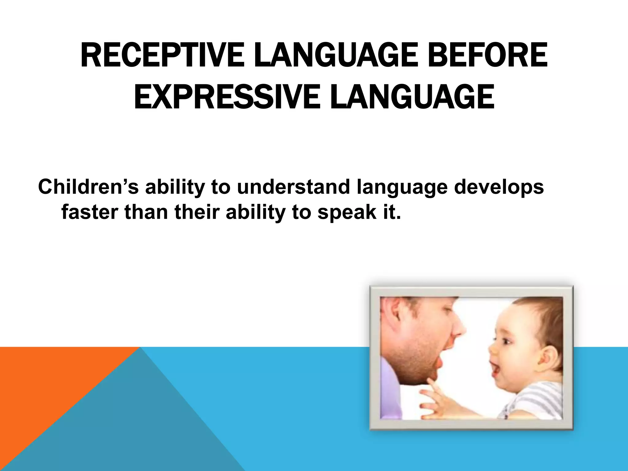 RECEPTIVE LANGUAGE BEFORE
EXPRESSIVE LANGUAGE
Children’s ability to understand language develops
faster than their ability to speak it.
 