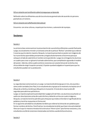 EJE en relaciónconlareflexiónsobrelaLenguaque se Aprende
Reflexiónsobre losdiferentesusosde lasestructurasgramaticalesde acuerdoala persona
gramatical y el número.
EJE en relaciónconlaReflexiónIntercultural
Encuentro con otras culturas,respetoporlasmismas y valoraciónde lapropia.
Sesiones
Sesión1
La primeraclase comenzaráconla presentaciónde nuevebichosdiferentes usandoflashcards.
Luego,losestudiantesmirarán unextractocorto de la película“Bichos”ytendránque ordenar
5 escenasque lesdarála maestra.Después,lamaestrapresentaráunposterconimágenesde
losnueve bichosaprendidospreviamente yelegiráaleatoriamente a9 alumnosparaque
coloquenal ladode cada bichoel nombre correspondiente.Luego,lesentregaráalosalumnos
un cuadro para crear un glosarioilustradosobre bichos,que completaránsiguiendoel modelo
del poster.Además,dichocuadrocontiene oracionesconcaracterísticasde losbichos (los
chicosdeberánelegirlaopcióncorrecta).El posterquedarácolgadoenlapared para que los
estudiantespuedanversuproducción.
Sesión2
La segundaclase comenzaráconun juego.Lamaestradividiráal grupoen tres,de acuerdoa
cómo esténsentados(tresfilas).A unestudiante de ungrupose le mostrará unatarjeta con el
dibujode unbichoy tendráque dibujarloenel pizarrón.El restode la clase tundra30
segundosparaadivinarqué bichoes.
Luego,la maestraexplicarálaactividad3de lapágina23 del libro.Losalumnosescucharánun
audiocon descripcionescortasde cuatro bichosy deberánunirlas concuatroimágenes.
Después,lamaestraleerálospárrafosparachequearque todosentiendanel significadode las
palabrasy leerálasrespuestasenformaoral.
En la siguiente actividadlosestudiantestendránque ordenarlasletrasde seispalabraspara
formar nombresde bichos. Parafinalizar,losestudiantestendránque hacerotraactividaddel
librocon laque la maestraintroducirálaestructura“there is/are” para formaroraciones;y los
estudiantesescribiránoracionesrelacionadasconbichosusandodichaestructura.
Sesión3
 